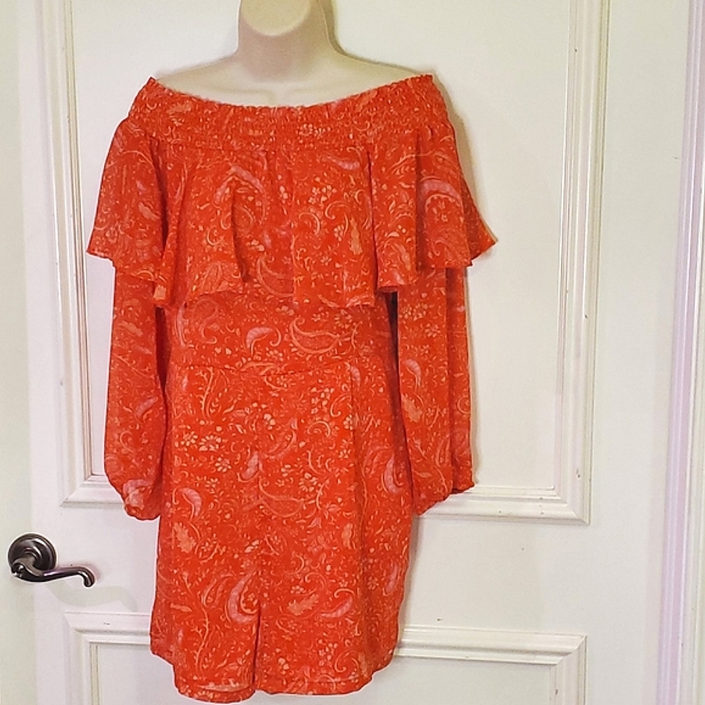 1.State Orange Multi-Color Paisley Smocked Off the Shoulder Romper, X-Large,NWT